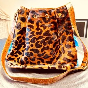 GIANFRANCO FERRE-zebra and leopard pony calfskin leather drawstring bag